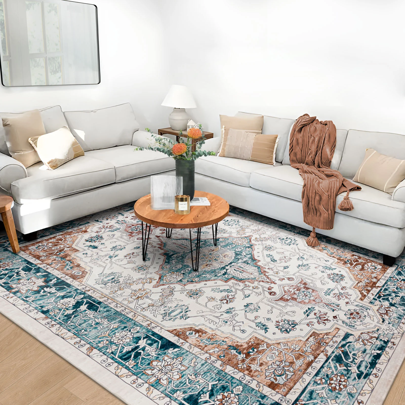 Clearance Extra Large Rug Teal Blue Rust Beautiful Retro Lounges Carpet Machine Washable Mat - Image 8