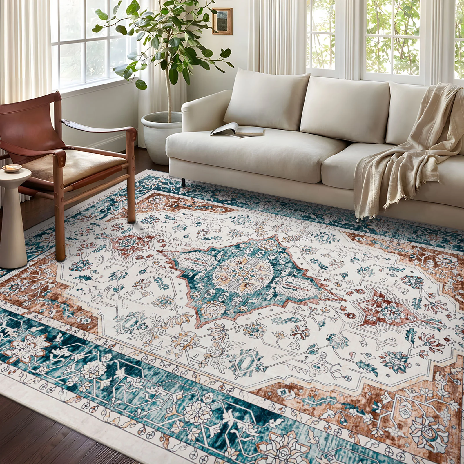 Clearance Extra Large Rug Teal Blue Rust Beautiful Retro Lounges Carpet Machine Washable Mat - Image 9
